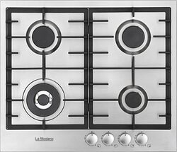 La Modano 4 Burner Stainless Steel Gas Hob With Knob Control, 4 Sabaf Burners, Automatic Ignition, Cast Iron Pan Supports, Flame Failure Device - LMBH601GS Silver